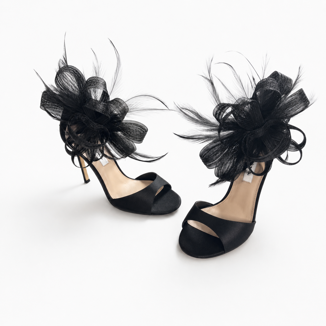 NINA Dora Black Satin Feather Statement Sandals