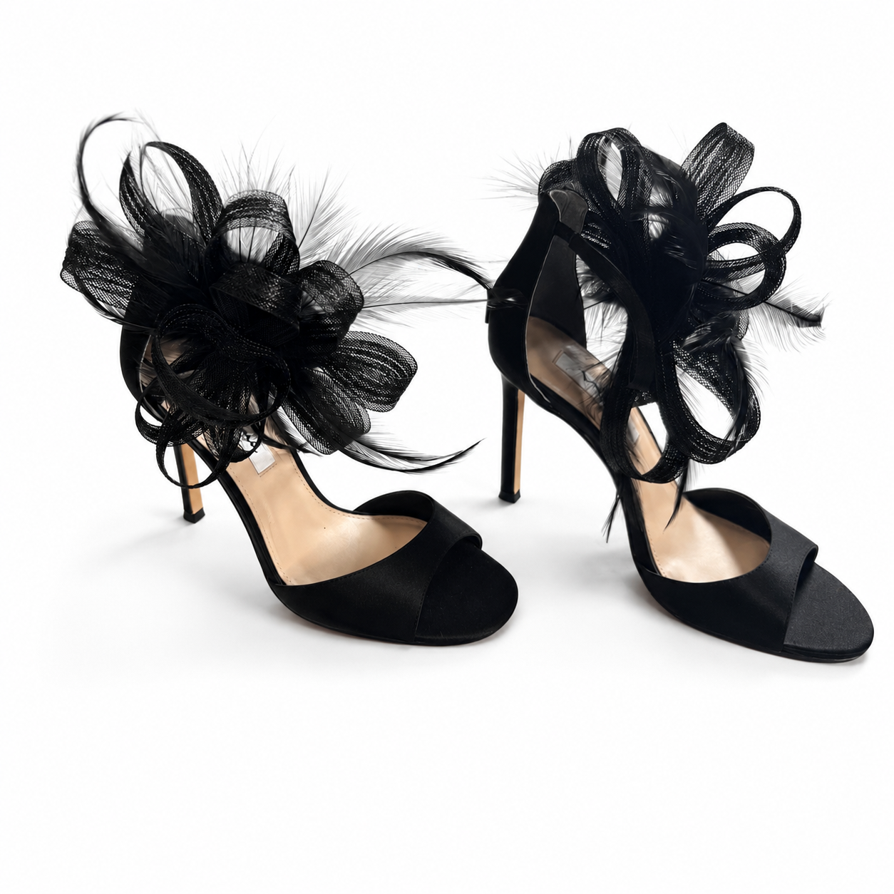 NINA Dora Black Satin Feather Statement Sandals