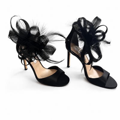 NINA Dora Black Satin Feather Statement Sandals
