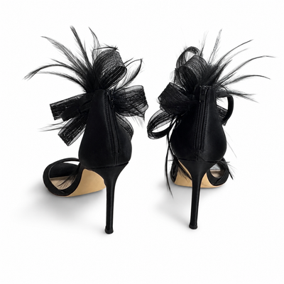 NINA Dora Black Satin Feather Statement Sandals