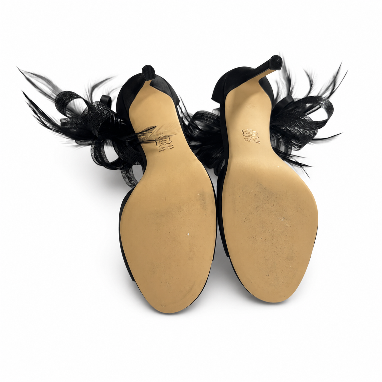 NINA Dora Black Satin Feather Statement Sandals